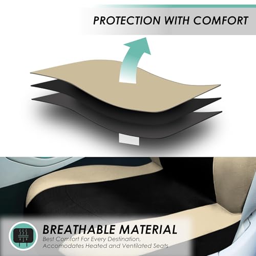 FH Group Light & Breezy Cloth Car Seat Covers, 7 Seater Three Row Set- Airbag & Split Ready -Universal for Cars Trucks and SUVs Beige/Black - color: Beige