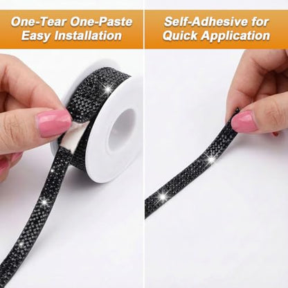 16.4 Ft Bling Car Self Adhesive Strip, Heat Resistant Crystal Rhinestone DIY Trim Weatherproof Molding Sticker, No Residue Vehicle Interior Exterior Decoration Accessories for Women (Black)