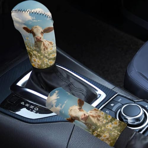 Cow Daisy Pattern 2 Pieces Car Gear Shift Cover Set for Women Men, Non-Slip Auto Gear Shift Knob Protector with Handbrake Cover Automotive Interior Decoration - color: Cow Daisy
