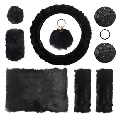 10 PCS Fluffy Steering Wheel Covers Set, 15 Inch Soft Steering Wheel Cover, Handbrake Cover & Gear Shift Cover & Seat Belt Cover & Gear Shift Cover & Diamond Ignition Ring (Black)