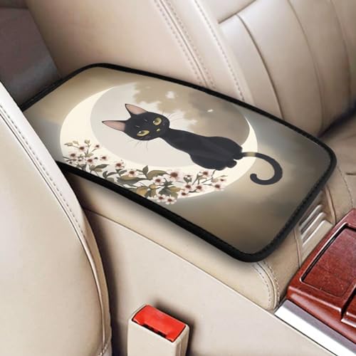 Universal Car Center Console Cushion Pad, Moon and Black Cat Soft Waterproof Car Center Console Cover Auto Armrest Seat Box Cover Protector for Most Vehicle SUV Truck Car - color: Moon And Black Cat