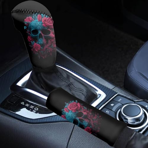 Rose Sugar Skull Print 2 Pack Car Handbrake Cover Gear Shift Knob Cover Set, Breathable Auto Gear Shift Knob Cover with Handbrake Cover Vehicle Interior Accessories - color: Rose Sugar Skull