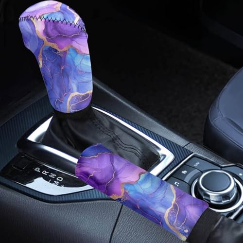 2 Pcs Marble Print Car Handbrake Cover Gear Shift Knob Cover, Universal Fit Anti Skid Universal Car Accessories for Truck SUV Sedan Van - color: Marble - Purple and Blue