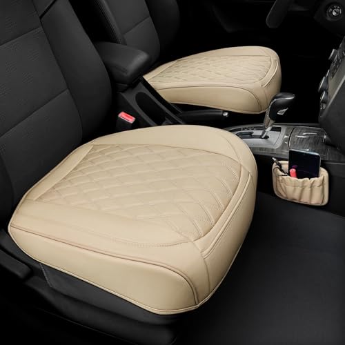 2 Pack Leather Front Car Seat Cover Bottom Car Seat, Anti-Slip and Full Wrap Driver Car Seat Protectors with Storage Pocket, Luxury Waterproof Bottom Auto Seat Cushion for Most Vehicles(Yellow Beige) - color: Yellow Beige-2pcs