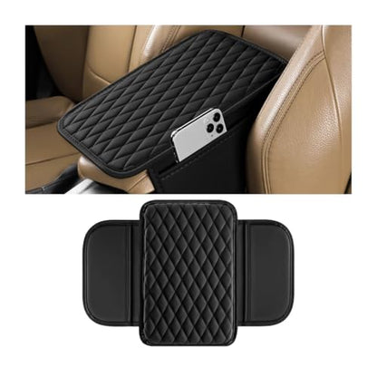 Car Armrest Cushion Pad, Leather Vehicle Center Console Cover with 2 Storage Bags, Non-Slip Automotive Interior Arm Rest Seat Box Cover Accessories, Universal for SUV RV Sedan (Black)