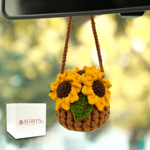 Crochet Hanging Plant for Car,Car Decorations Interior,Plant Aesthetic Car Accessories for Women Interior Cute,Car Ornaments Charms for Rear View Mirror,Boho Car Decoration Gifts - color: Sunflower