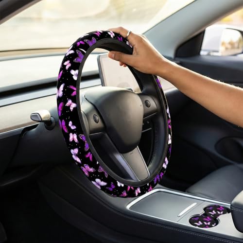 Butterfly Purple Steering Wheel Cover - Butterflys Steering Wheel Cover for Women Purple Butterfly Cute Fashion Car Accessories Anti-Slip Breathable Universal14-15 2 Pieces Car Coasters - color: Purple Butterfly-3