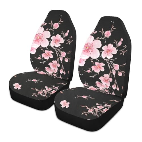 2 PCS Pink Cherry Blossom Car Seat Covers Watercolor Hand Drawn Beautiful Blooming Branches Floral Print Vehicle Seat Protector Cushion Cover Universal Car Accessories for SUV Truck Sedan - color: Pink Black