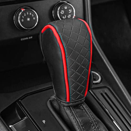 Leather Car Gear Shift Knob Cover, Upgraded Anti-Slip Design Stick Shift Knob Cover, Universal Durable Car Decorative Accessories Shifter Stick Protector Suitable for Cars,Trucks,SUVs (Black/Red) - color: Black/Red