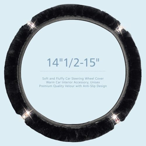 ZHOL Plush Steering Wheel Cover with Bling Bling Crystal Rhinestone, Universal 15 Inch Softy Fluffy Steering Wheel Cover for Women Girls, Anti-Slip, Winter Warm, Black - color: Diamond-set Black