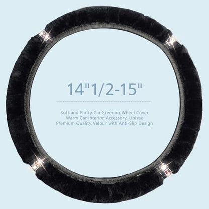 ZHOL Plush Steering Wheel Cover with Bling Bling Crystal Rhinestone, Universal 15 Inch Softy Fluffy Steering Wheel Cover for Women Girls, Anti-Slip, Winter Warm, Black - color: Diamond-set Black