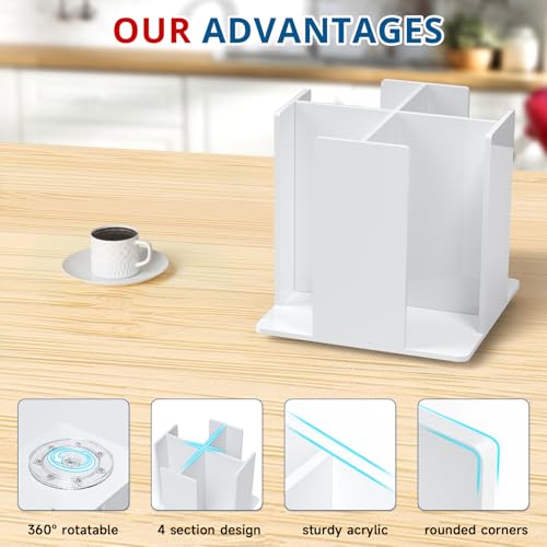 KOTEMON Cup and Lid Holder, 4 Compartment, Square | Rotating Coffee Cup Dispenser Lid Carousel for Restaurant, Buffet, Coffee Station, Bar, Countertop, White Acrylic - color: White