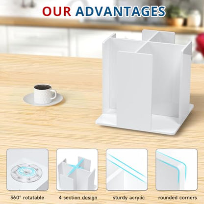 KOTEMON Cup and Lid Holder, 4 Compartment, Square | Rotating Coffee Cup Dispenser Lid Carousel for Restaurant, Buffet, Coffee Station, Bar, Countertop, White Acrylic - color: White
