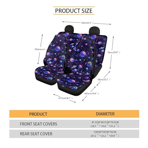 FUSURIRE Purple Planet Print Car Seat Covers 4 Pcs Full Set, Vehicles Front & Rear Seat Protector Universal Fit for Sedan SUV Trucks - color: Purple Planet Print