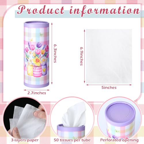 12 Pack Hello Spring Car Tissue Cylinder Holder Bulk with 3 Ply Facial Tissues Flower Round Napkin Holders for Cup Holder Cylinder Floral Mason Jar Travel Paper Tubes Bulk Napkin Boxes Packs - style: Hello Spring