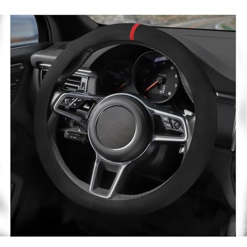 Suede Steering Wheel Cover with Upgraded Silicone Inner Ring, Breathable, Anti-Slip, Leather Universal 14.5 to 15 Inch Steering Wheel Cover (Black with Red Mark) - style: Black with Red Mark