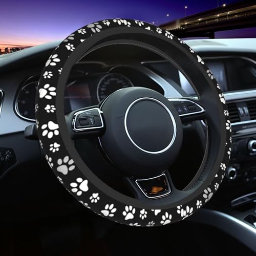 Paw Print Steering Wheel Cover - Black and White Dog Paw Steering Wheel Car Accessories Universal 15 Inch Cute Steering Wheel Cover Girls Women Men Anti Slip Breathable Wheel Cover Protector - color: Paw Print