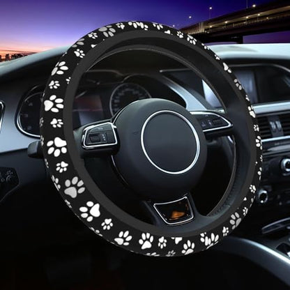 Paw Print Steering Wheel Cover - Black and White Dog Paw Steering Wheel Car Accessories Universal 15 Inch Cute Steering Wheel Cover Girls Women Men Anti Slip Breathable Wheel Cover Protector - color: Paw Print