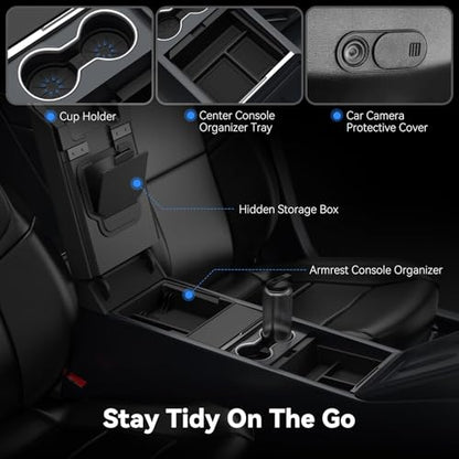 5-PCS Center Console Organizer for Tesla Model Y Juniper 2025-2026 & Model 3 Highland 2024-2026 Accessories – Sliding Tray, Hidden Storage, Cup Holder, Camera Cover, Noise-Reducing, Easy Install