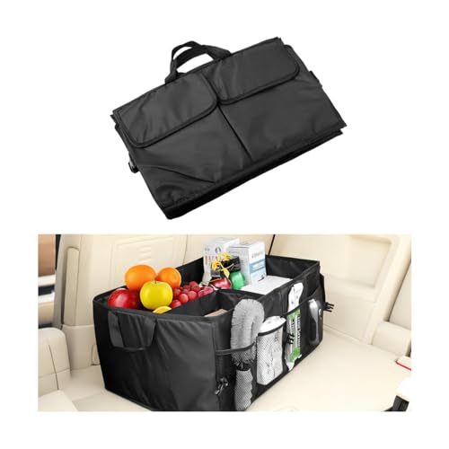 Car Trunk Organizer, Collapsible Multi-Compartment Large Capacity Vehicle Storage Container, Foldable Adjustable Automotive Interior Organization Box, Universal Fit (Black)
