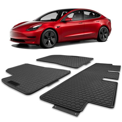 Spurtar for Tesla Model 3 Floor Mats 2017-2026, Car Floor Mats All Weather Automotive with 3D Extended Edge, 3 Pack Honeycomb Design Front & Rear Rubber All-Weather Protector, Black - size: 2017-2025 Rubber (3PCS)