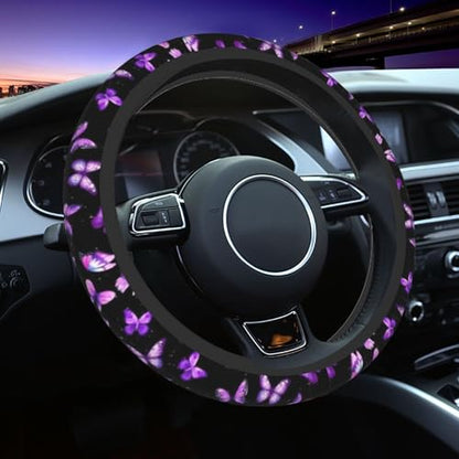 Purple Butterfly Steering Wheel Cover - Beautiful Butterfly Steering Wheel Covers Car Cup Holder Pad 2 Pack Accessories Universal 15 Inch Auto Anti-Slip Car Wheel Protector - color: Purple butterfly
