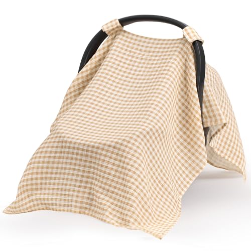 SERAPHY 100% Muslin Cotton Car Seat Covers for Babies, Universal Baby Car Seat Cover, Breathable Muslin Carseat Cover Canopies for Boys and Girls, Soft Infant Car Seat Cover for Summer — Beige - color: Beige