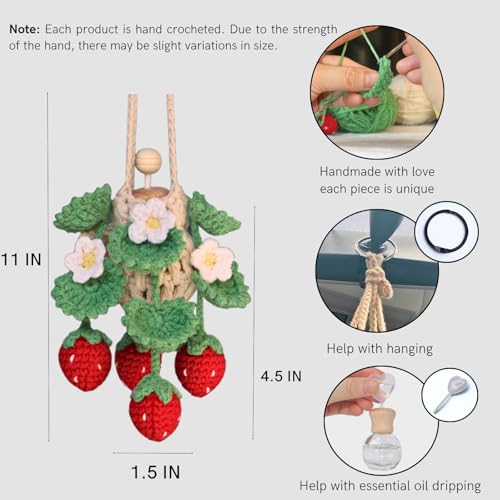 ROFIGL Handmade Crochet Hanging Car Air Freshener - Cute Strawberry Plant Design, 12ml Refillable Thick Glass Bottle, Car Diffuser for Rearview Mirror, Home & Office Decor - style: Strawberry