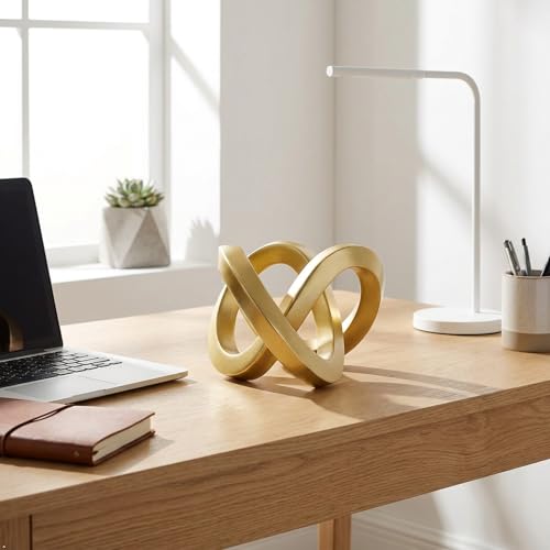 Gold Geometric Knot Sculpture - Small Resin Infinity Loop Statue, Modern Tabletop Art Object for Coffee Table, Bookshelf, Desk Decor & Home Accents