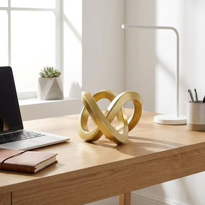 Gold Geometric Knot Sculpture - Small Resin Infinity Loop Statue, Modern Tabletop Art Object for Coffee Table, Bookshelf, Desk Decor & Home Accents