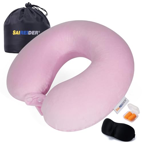 SAIREIDER Travel Neck Pillow 100% Memory Foam, Airplane Rest Prevents Head from Falling Forward, Plane Accessories with Storage Bag, Sleep Mask and Earplugs (Pink) - color: Pink(travel Kit)