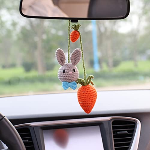Grey Bunny & Carrot Ornament - Handmade Hanging Car Charm, Automotive & House Decoration, Crochet Keychain Charm - style: Grey Bunny And Carrot Car Charm