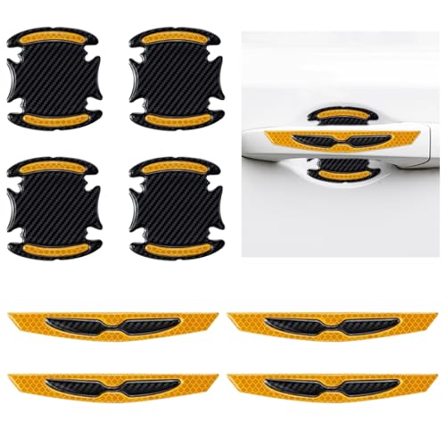 BDZMC 8PCS Car Door Handle Protector Stickers, 3D Carbon Fiber Paint Guard Cover, Outdoor Safety Warning Reflective Protective Films, Car Door Handle Scratch Protector for Most Cars (Yellow)