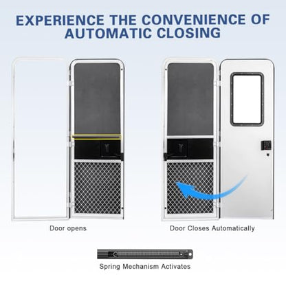 Aluminum Universal RV Screen Door Closer Kit，Automatic Door Protector with Adjustable Tension, Cushioned Closing Camper Screen Doors Spring Closer for RV Camper Travel Trailer