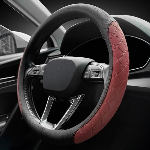 LKWLIKEI Nappa Leather Steering Wheel Cover,Elegant Diamond Checkered Design, Non-Slip wear-Resistant, Enhance Driving Comfort, Suitable for Steering Wheel Diameter 14 1/2‘-15’ Models - color: Black and burgundy