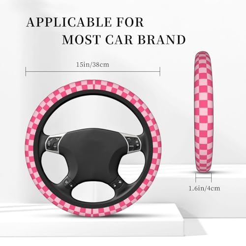 Hot Pink Checkered Steering Wheel Cover for Women, Universal Auto Steering Wheel 14-15 Inch Car Interior Accessories with 2PCS Car Coasters, Suitable for Men and Women - color: Pink red