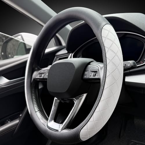 Nappa Leather Steering Wheel Cover, Elegant Diamond Checkered Design, Non-Slip wear-Resistant, Enhance Driving Comfort, Suitable for Steering Wheel Diameter 14 1/2‘-15’ Models.Black White - color: Black White
