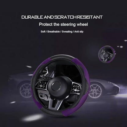 Ultra Fine Carbon Fiber Leather Steering Wheel Cover, Anti Slip and Sun Protective Protect the Steering Wheel, Easy to Install,Universal of 14.5"-15" (Purple) - color: Purple