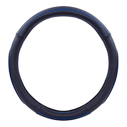 Car Pass Colour Piping Leather Universal Fit Steering Wheel Cover,Perfectly fit for 14.5-15 inches Suvs, Vans, Trucks, Sedans, Cars (Black&Blue) - color: Black and Blue
