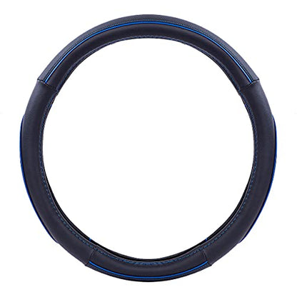 Car Pass Colour Piping Leather Universal Fit Steering Wheel Cover,Perfectly fit for 14.5-15 inches Suvs, Vans, Trucks, Sedans, Cars (Black&Blue) - color: Black and Blue