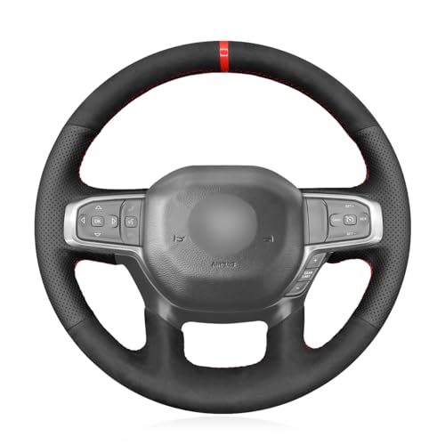 MEWANT DIY Black Suede Perforated Genuine Leather Steering Wheel Cover for Dodge Ram Laramie Big Horn 1500 2019-2021 - color: Black Suede&Perforated Genuine Leather