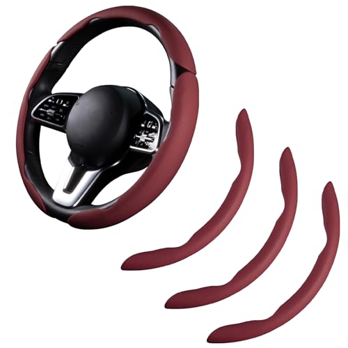 Car Steering Wheel Cover Leather Snap On 3Pcs Set Non-Slip Protector Wrap Steering Wheel Accessories 14.5-15 inch Universal Wine Red - color: Wine Red