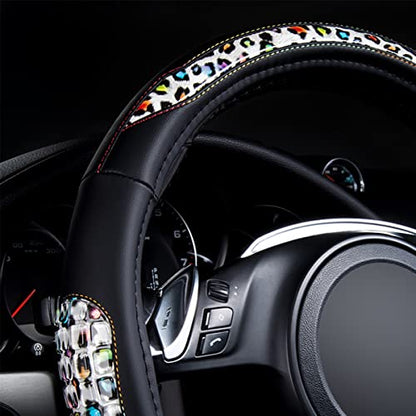 Flying Banner car Steering Wheel Cover Gel Massage Velvet Cool Warm Universal Size 15 inches SUV Truck Anti Slip Odorless Summer Winter (Black Leopard, Gel Massage) - color: Black Leopard