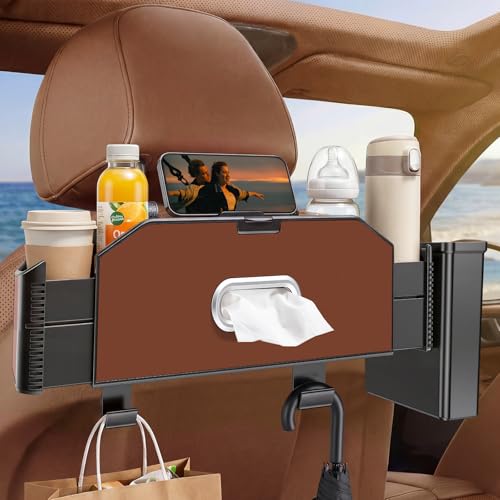 5-in-1 Car Back Seat Organizer and Storage with Extendable Cup Holder, Tissue Holder, Phone Holder, Hanging Hooks, Trash Bin, Back of Seat Car Headrest Organization Accessories for Women Man - color: Coffee