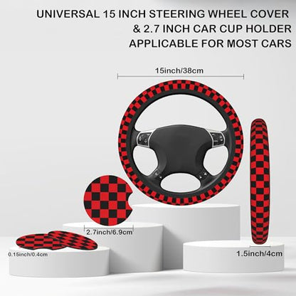 Black and Red Checkered Steering Wheel Cover with 2 Pcs Car Coasters Neoprene Steering Wheel Cover for Women Men Anti-Slip Breathable Car Accessories Universal 15 Inch Fit Auto Cars Trucks - color: Black and Red Checkered