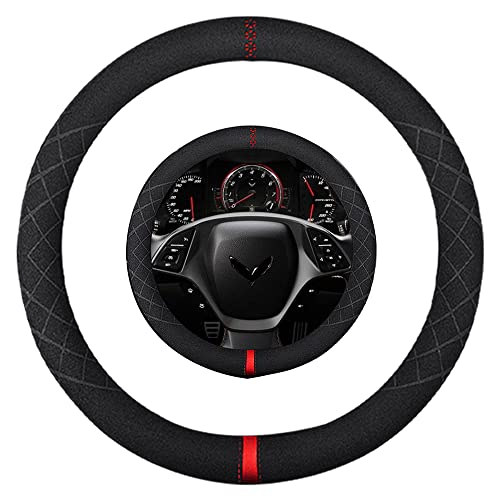 Suede Steering Wheel Cover,Compatible with Cadillac 2017 Corvette SuedeLeather Sport Non-Slip Wheel Cover Car Interior Accessories 15 inch for Man and Women - color: Fit Cadillac O Shape Suede Red Mark in Black, size: 15 inch