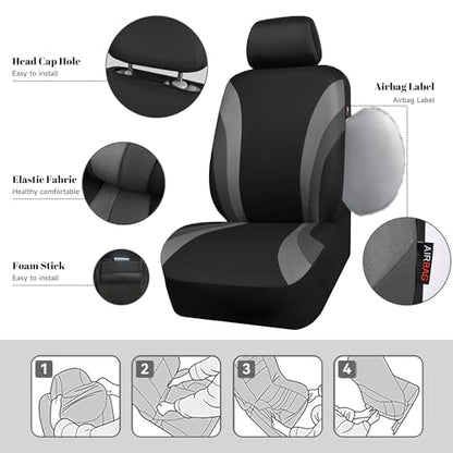 CAR PASS Line Rider Sporty Front Seat Covers,Gray Car Seat Covers Two Front Seats Only, Airbag Compatible,Universal Fit Sedans,Cars,Vans,SUV,Truck(Black and Gray)