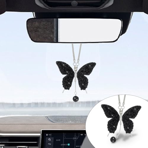 Bling Butterfly Diamond Car Hanging Accessories, Crystal Car Rear View Mirror Charms Car Decorative Accessories for Women, Lucky Presents Hanging Ornament Pendant Decor for All Cars (Black) - size: Black
