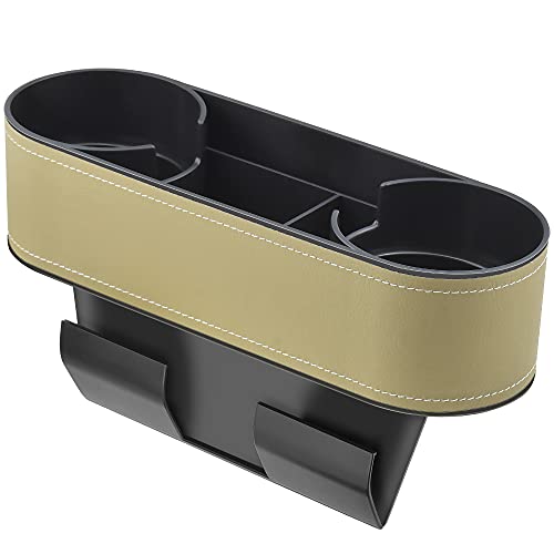 Car Cup Holder, Auto Front Seat Organizer, Multifunctional Cup Drink Holders with PU Leather Cover, Gap Filler Storage Box Coin Bucket Console Side Pocket Cell Mobile Phone Holder(Slim-Beige)