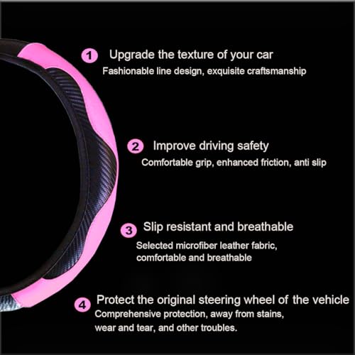 Ultra Fine Carbon Fiber Leather Steering Wheel Cover, Anti Slip and Sun Protective Protect the Steering Wheel, Easy to Install,Universal of 14.5"-15" (Pink) - color: Pink